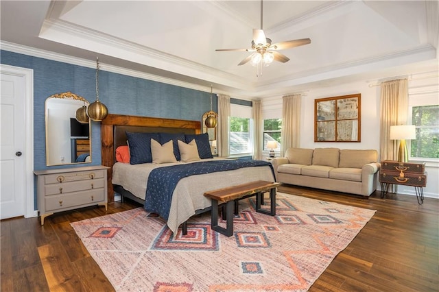 210 Hunters Vw, Roswell, GA 30075 - bedroom with a tray ceiling, crown molding, wood-type flooring, wallpapered walls, and a ceiling fan