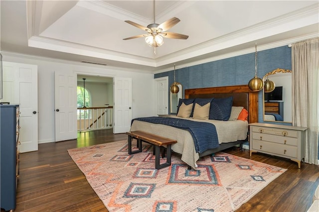 210 Hunters Vw, Roswell, GA 30075 - bedroom featuring a raised ceiling, dark wood-style floors, crown molding, and ceiling fan