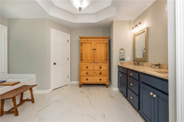 210 Hunters Vw, Roswell, GA 30075 - bathroom featuring marble finish floors, double vanity, crown molding, and a raised ceiling