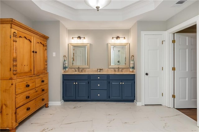 210 Hunters Vw, Roswell, GA 30075 - full bathroom featuring double vanity, marble look tile flooring, a raised ceiling, and crown molding