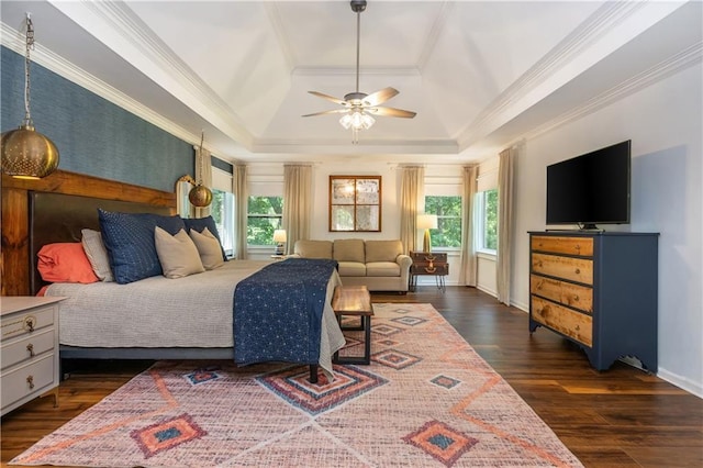 210 Hunters Vw, Roswell, GA 30075 - bedroom with a tray ceiling, dark wood-style flooring, crown molding, and a ceiling fan