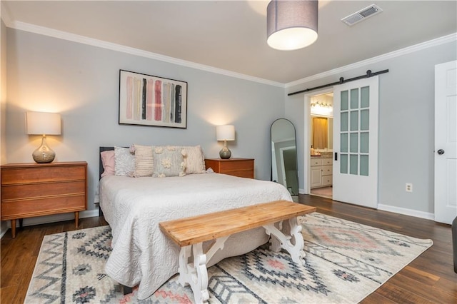 210 Hunters Vw, Roswell, GA 30075 - bedroom with crown molding, a barn door, wood finished floors, and ensuite bathroom