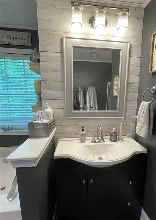 40 Legend Creek Chase, Douglasville, GA 30134 - bathroom with wooden walls, vanity, and ornamental molding