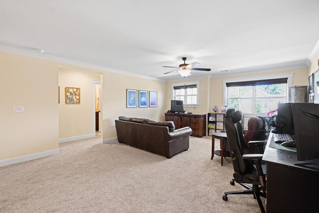 7143 Lake Edge Dr, Flowery Branch, GA 30542 - office space with baseboards, ornamental molding, ceiling fan, and light colored carpet