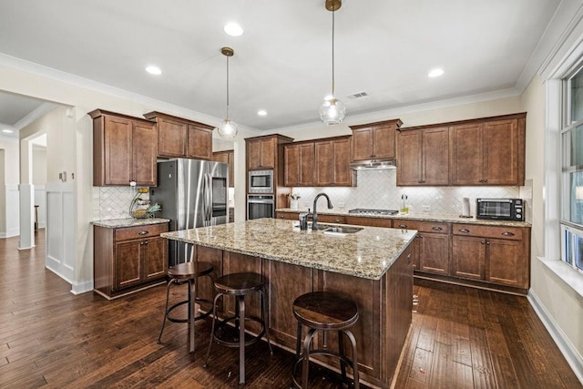 7143 Lake Edge Dr, Flowery Branch, GA 30542 - kitchen featuring a sink, dark wood-style flooring, stainless steel appliances, and decorative backsplash