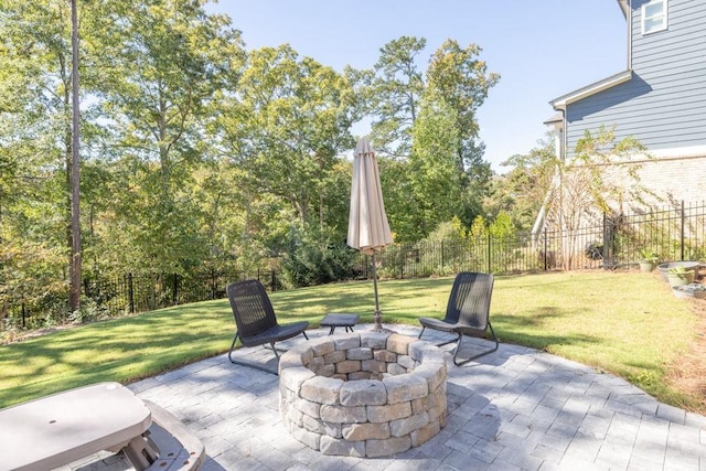 7143 Lake Edge Dr, Flowery Branch, GA 30542 - view of patio / terrace featuring an outdoor fire pit and fence