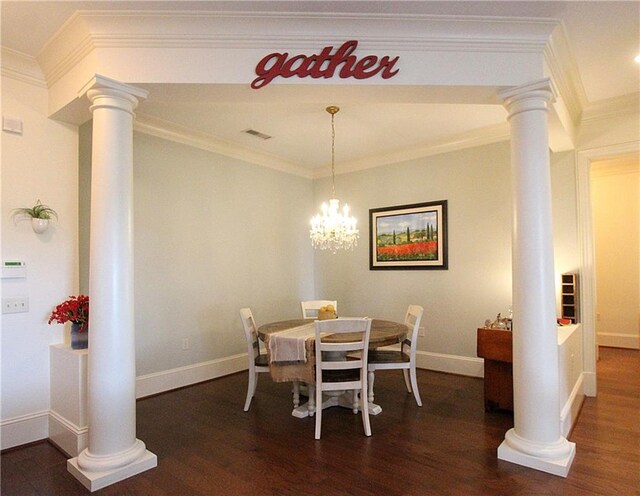 dining area with decorative columns, ornamental molding, and dark hardwood / wood-style flooring