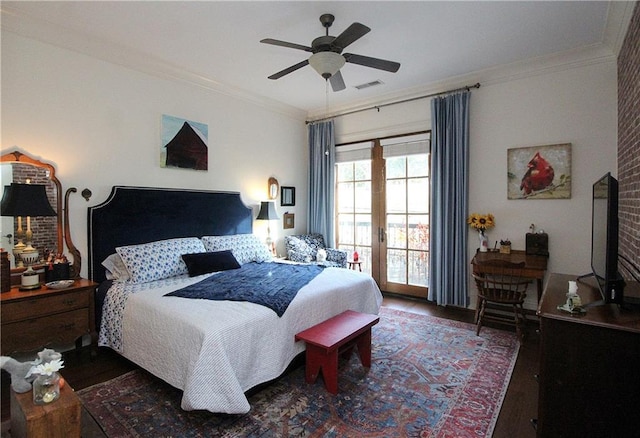 bedroom with dark hardwood / wood-style flooring, ornamental molding, and ceiling fan