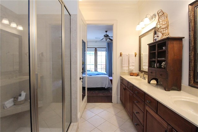 bathroom featuring an enclosed shower, crown molding, vanity, ceiling fan, and tile patterned flooring