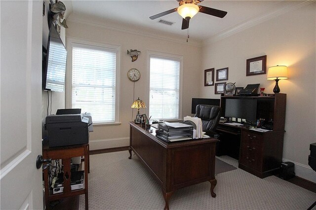 office space featuring crown molding, a wealth of natural light, and ceiling fan