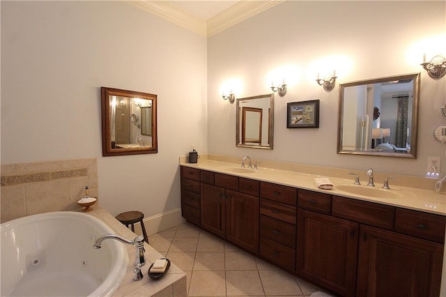 bathroom featuring a relaxing tiled tub, ornamental molding, tile patterned flooring, and vanity