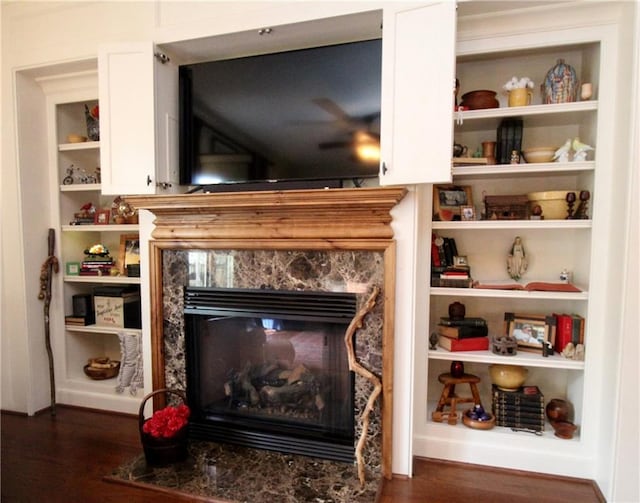 interior details with built in shelves, a high end fireplace, and wood-type flooring