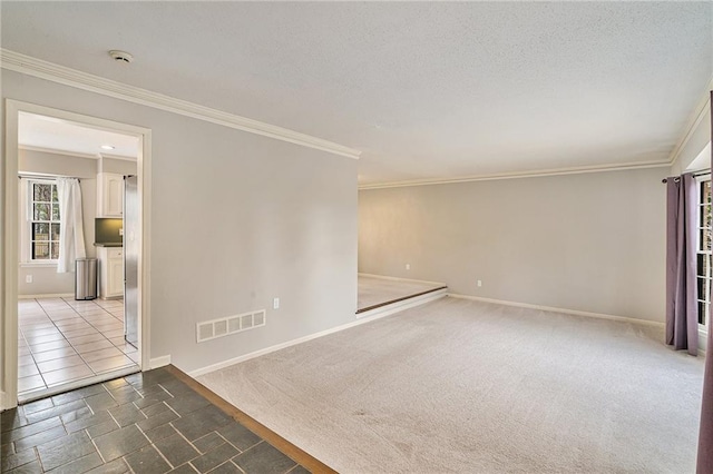 carpeted empty room featuring crown molding and a textured ceiling