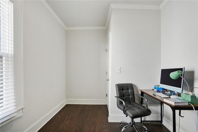 office space featuring ornamental molding and dark hardwood / wood-style flooring