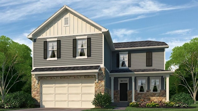 view of front of property featuring stone siding, board and batten siding, an attached garage, and driveway