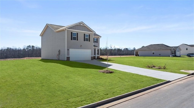 view of front facade featuring board and batten siding, a front yard, concrete driveway, and an attached garage