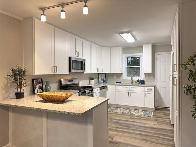 kitchen with white cabinetry, kitchen peninsula, appliances with stainless steel finishes, light stone counters, and sink