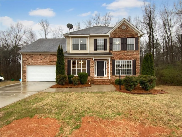 view of front of home featuring concrete driveway, brick siding, an attached garage, and a front yard