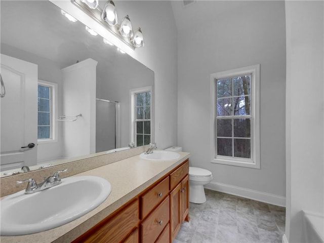 full bathroom featuring a sink, a shower stall, baseboards, and double vanity