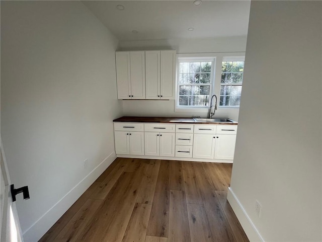 interior space with baseboards, a sink, and wood finished floors