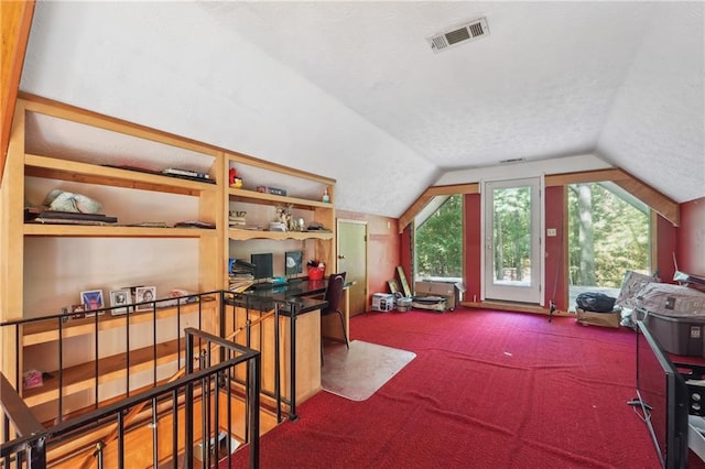 interior space with lofted ceiling, built in features, and carpet