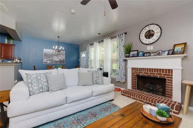 2968 Oshields Ct SW Unit 4, Marietta, GA 30060 - living area with a chandelier, a ceiling fan, and a fireplace