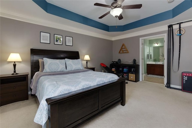 2968 Oshields Ct SW Unit 4, Marietta, GA 30060 - bedroom with light colored carpet, a tray ceiling, crown molding, ceiling fan, and ensuite bathroom