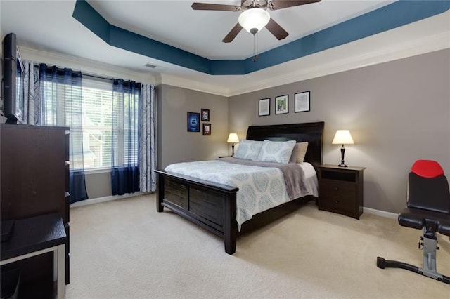 2968 Oshields Ct SW Unit 4, Marietta, GA 30060 - bedroom with carpet flooring, baseboards, a tray ceiling, crown molding, and a ceiling fan