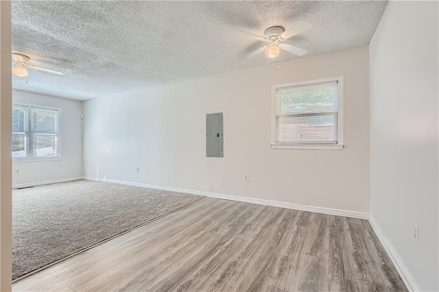 empty room featuring ceiling fan, electric panel, and a wealth of natural light