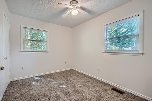 carpeted empty room featuring ceiling fan, plenty of natural light, and a textured ceiling