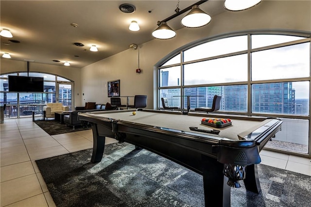 game room featuring light tile patterned flooring, visible vents, and pool table