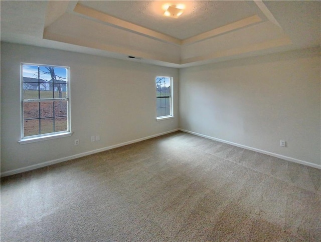 carpeted empty room with baseboards and a raised ceiling