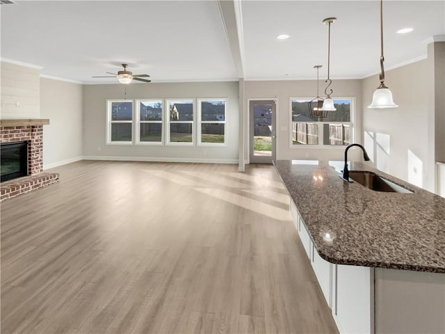 kitchen with baseboards, ornamental molding, light wood-type flooring, a brick fireplace, and a sink