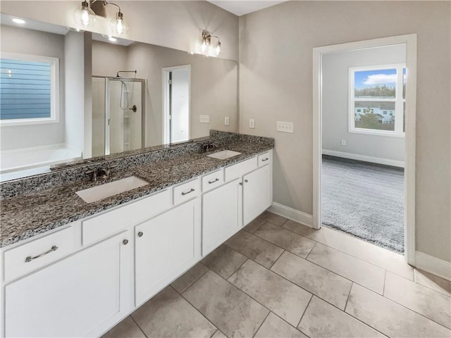 bathroom featuring double vanity, a stall shower, baseboards, and a sink