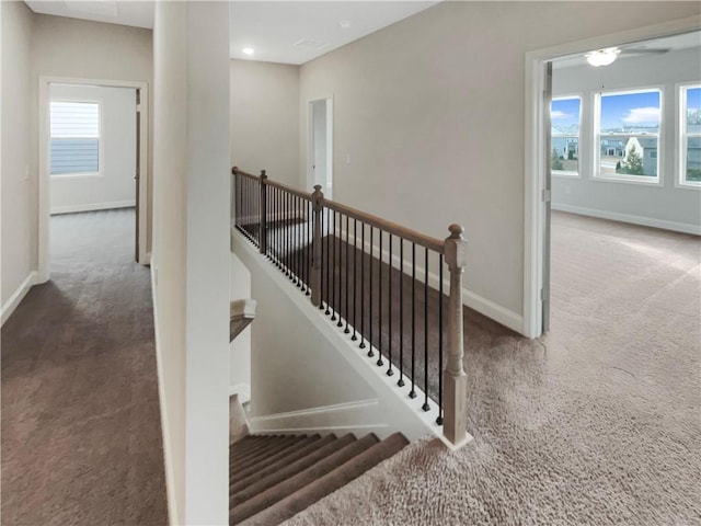 staircase featuring carpet floors and baseboards