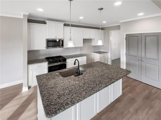 kitchen featuring appliances with stainless steel finishes, crown molding, a sink, and wood finished floors