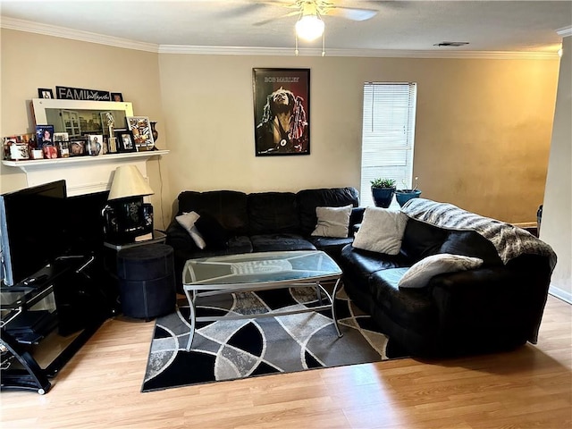 living room featuring crown molding, ceiling fan, and light wood-type flooring