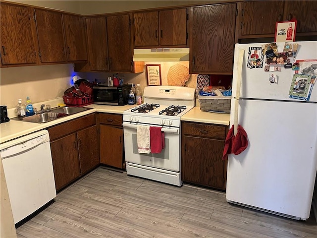 kitchen with white appliances, dark brown cabinetry, sink, and light hardwood / wood-style flooring