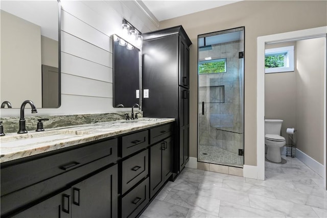 1441 Whitestone Rd, Talking Rock, GA 30175 - bathroom featuring double vanity, baseboards, marble look tiles, toilet, and a stall shower