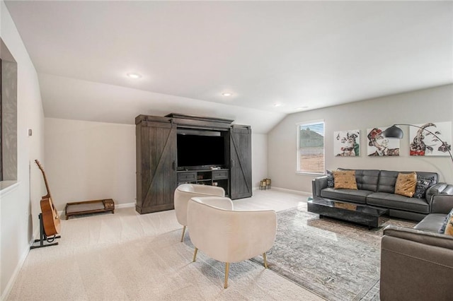 living area with recessed lighting, baseboards, vaulted ceiling, and light colored carpet