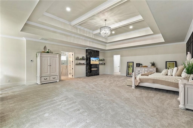 2634 Greenes Ln, Powder Springs, GA 30127 - bedroom featuring a chandelier, recessed lighting, light colored carpet, ornamental molding, and a raised ceiling