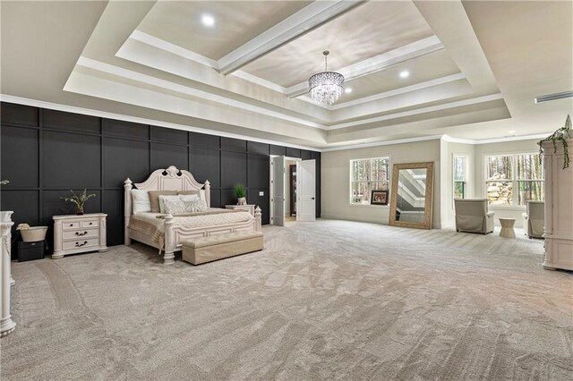 2634 Greenes Ln, Powder Springs, GA 30127 - bedroom featuring light carpet, visible vents, a decorative wall, and a tray ceiling