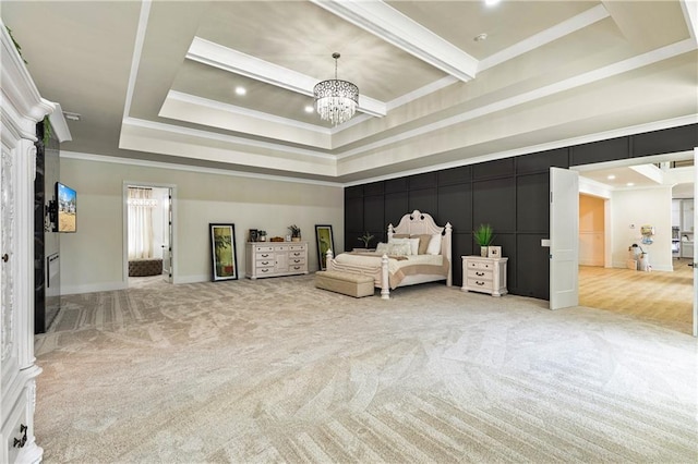 2634 Greenes Ln, Powder Springs, GA 30127 - unfurnished bedroom featuring a tray ceiling, a notable chandelier, recessed lighting, light colored carpet, and ornamental molding