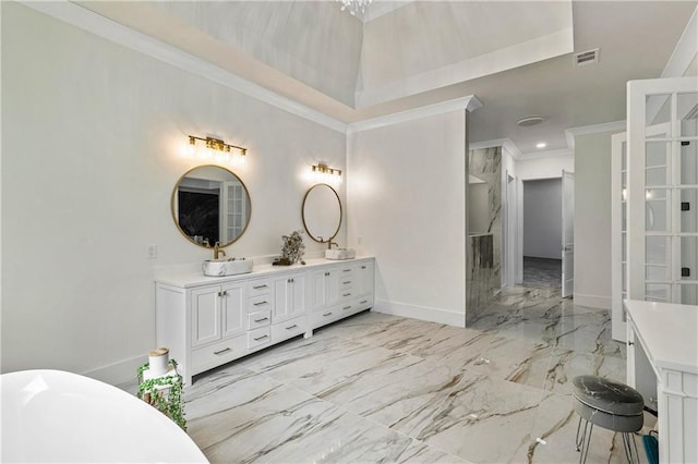 2634 Greenes Ln, Powder Springs, GA 30127 - bathroom featuring visible vents, marble finish floor, a soaking tub, double vanity, and crown molding