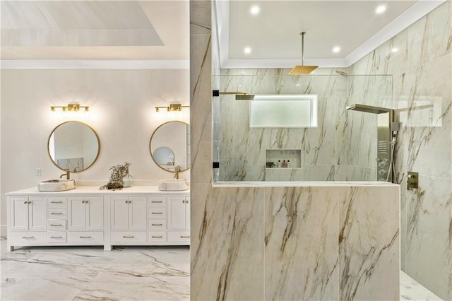 2634 Greenes Ln, Powder Springs, GA 30127 - bathroom featuring a sink, marble finish floor, a marble finish shower, double vanity, and crown molding