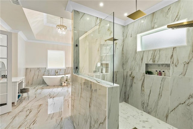 2634 Greenes Ln, Powder Springs, GA 30127 - bathroom with a wealth of natural light, ornamental molding, a freestanding tub, and a marble finish shower