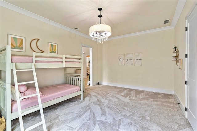 2634 Greenes Ln, Powder Springs, GA 30127 - unfurnished bedroom with carpet, visible vents, a notable chandelier, and ornamental molding