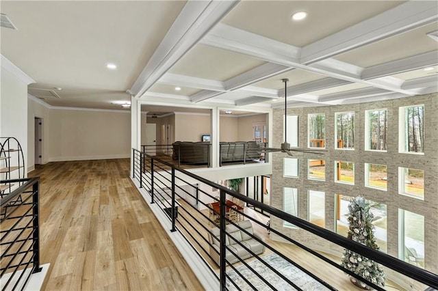 2634 Greenes Ln, Powder Springs, GA 30127 - corridor with beam ceiling, coffered ceiling, light wood finished floors, and an upstairs landing