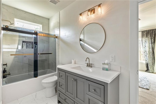 2634 Greenes Ln, Powder Springs, GA 30127 - full bathroom featuring visible vents, bath / shower combo with glass door, toilet, marble finish floor, and vanity