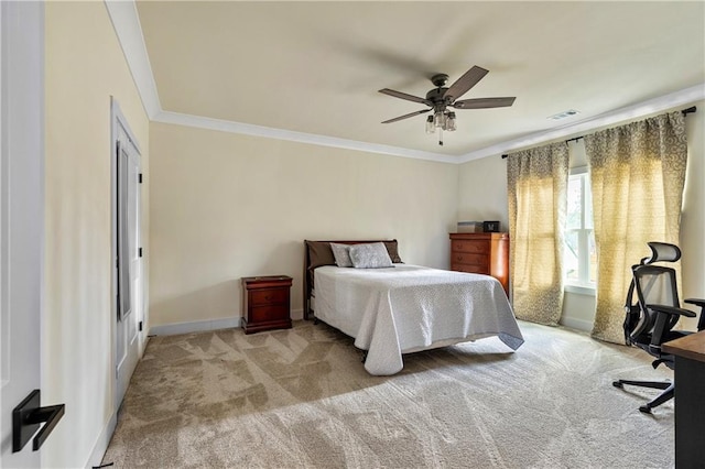2634 Greenes Ln, Powder Springs, GA 30127 - bedroom with ceiling fan, light carpet, visible vents, baseboards, and crown molding